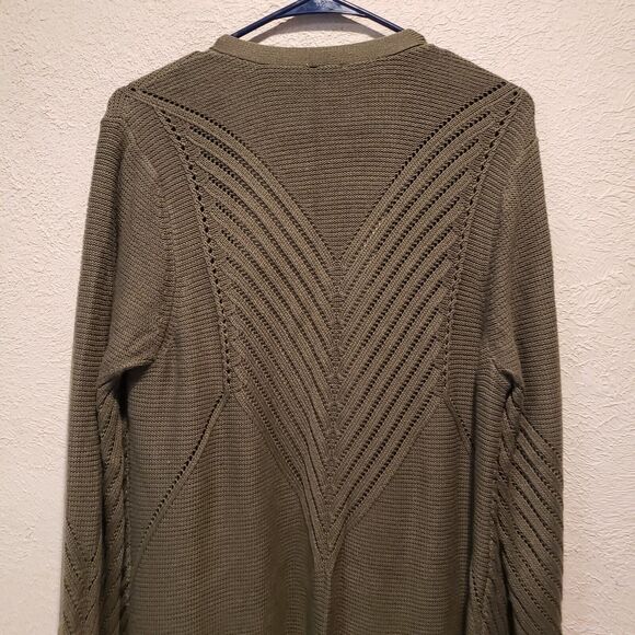 Chico's Size 3  Long Open Front Cardigan Olive Green Acrylic Classic - Picture 6 of 10